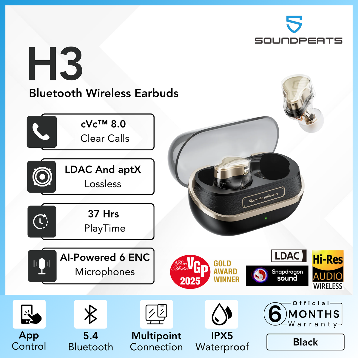 Soundpeats - H3 Bluetooth Wireless Earbuds - Black