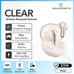 SOUNDPEATS - Clear Bluetooth Wireless Earbuds - Beige