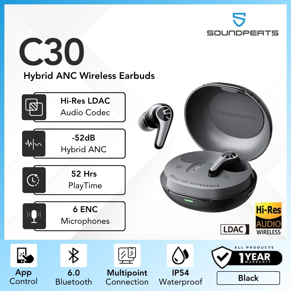 Soundpeats - C30 Hybrid ANC Wireless Earbuds - Black