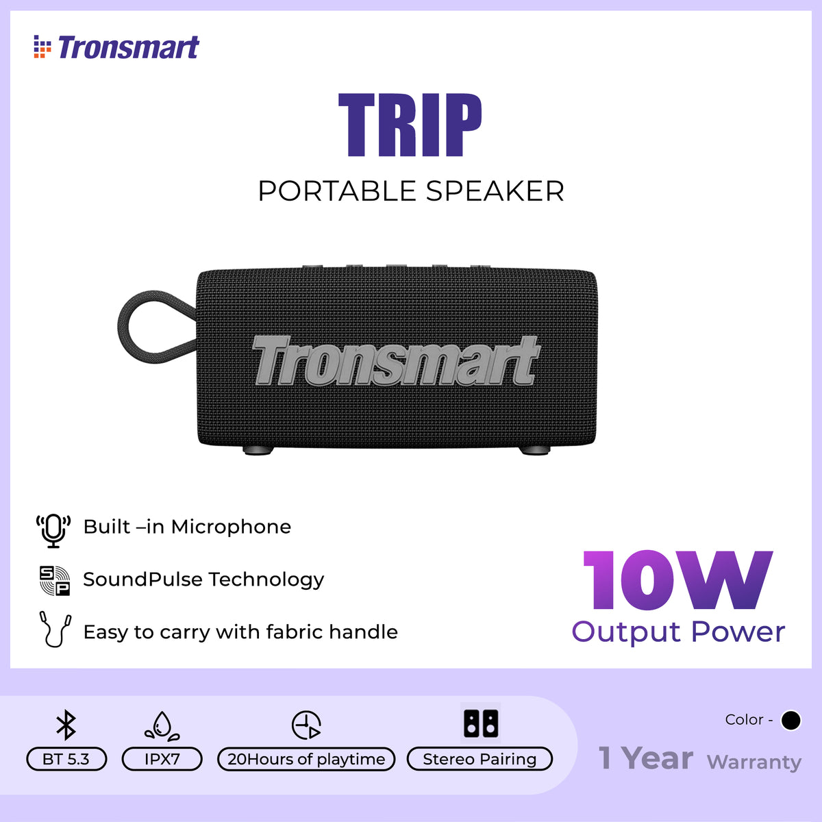 TRONSMART TRIP 10W PORTABLE SPEAKER (5.3V), Bluetooth Speaker, Protable Speaker, Waterproof Speaker - Black