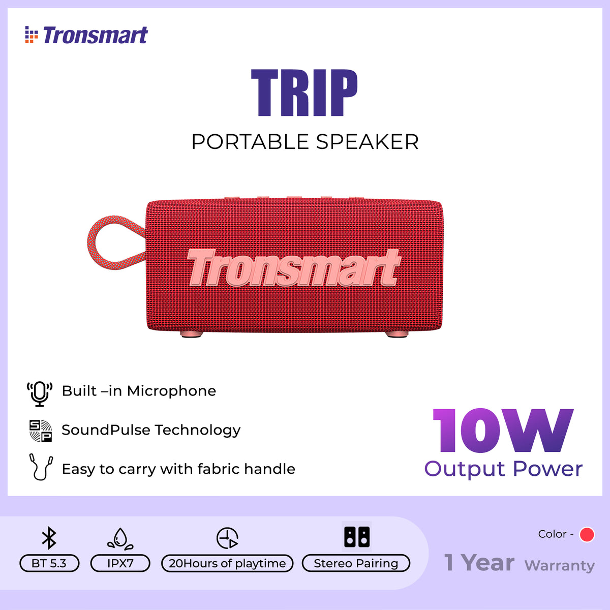 TRONSMART TRIP 10W PORTABLE SPEAKER (5.3V), Bluetooth Speaker, Protable Speaker, Waterproof Speaker - Red