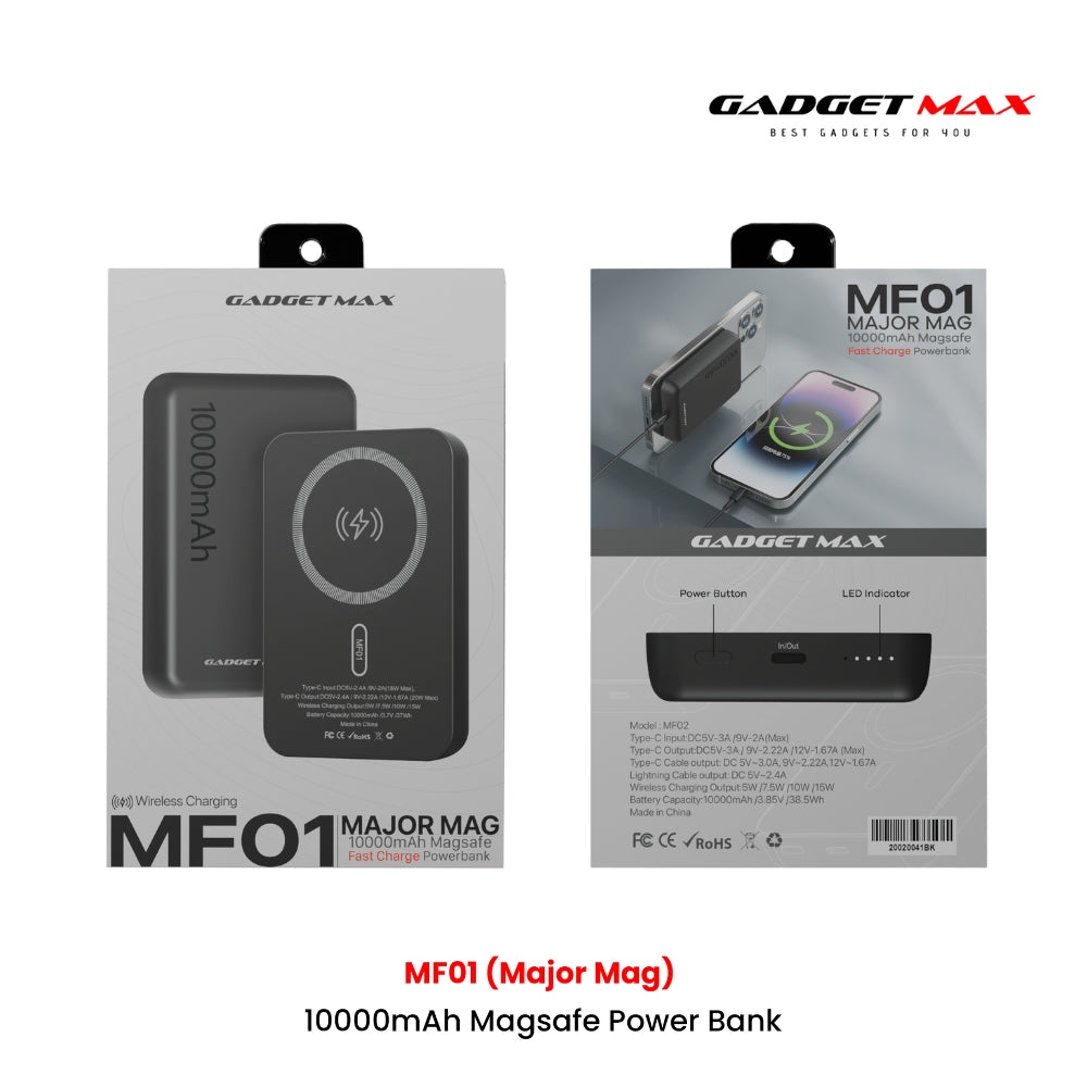GADGET MAX - Major Mag MF01 10000mAh Magsafe Power Bank (Wireless 15W/PD 20W) - Black