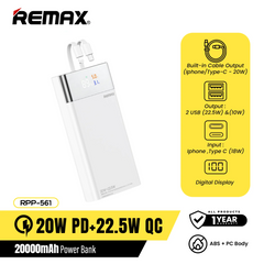 REMAX RPP-561 20000mAh RIJI II SERIES PD20W+QC22.5W CABLED FAST CHARGING POWER BANK WITH COLORED SCREEN (INPUT-TYPE C/IPH/TYPE C CABLE)(OUTPUT-USB A1/A2/TYPE C CABLE-White