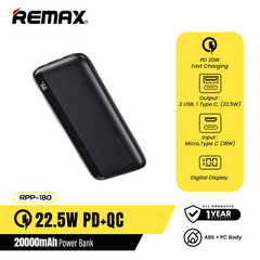REMAX RPP-180 20000MAH KIREN SERIES 22.5W, PD+QC FAST CHARGING POWER BANK (OUTPUT-2USB/INPUT-MICRO) (TYPE-C IN/OUT), PD+QC FAST CHARGING POWER BANK-Black