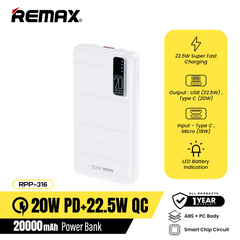 Remax RPP-316 20000mAh Noah Series PD20W+QC22.5W Fast Charging Power Bank-White