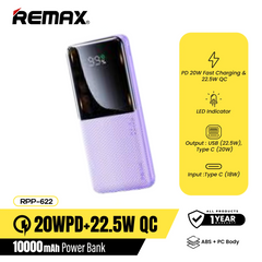 REMAX RPP-622 10000mAh CYNLLE SERIES 20W+22.5W PD+QC FAST CHARGING POWER BANK (INPUT-TYPE-C) (OUTPUT-USB 1/2/TYPE-C)-Purple