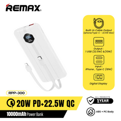 REMAX RPP-300 10000mAh PINJUR SERIES 20W+22.5W PD+QC FAST CHARGING CABLED POWER BANK (OUTPUT-1USB,IPH/TYPE-C CABLE/INPUT-IPH/TYPE-C ), PD+QC Power Bank, 10000mAh Power Bank, 20W+22.5W Power Bank, Fast Charging Power Bank-White