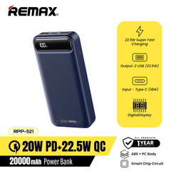 Remax RPP-521 20000Mah Bole Series PD20W+QC22.5W Fast Charging Power Bank-Blue