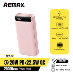 Remax RPP-521 20000Mah Bole Series PD20W+QC22.5W Fast Charging Power Bank-Pink