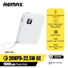 REMAX RPP-579 10000mAh ICYAL SERIES PD20W+QC22.5W CABLED FAST CHARGING POWER BANK-White