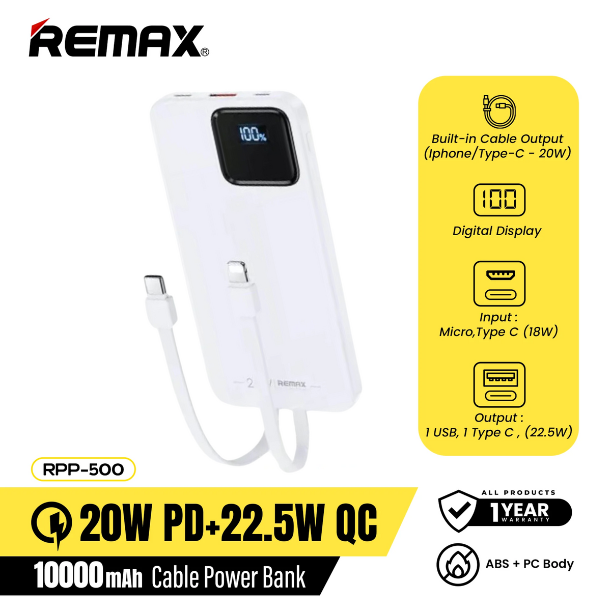 REMAX RPP-500 10000mAh SUJI SERIES PD20W+QC22.5W FAST CHARGING CABLE POWER BANK-White