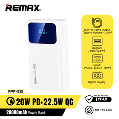 REMAX RPP-535 20000MAH VOYAGE SERIES 20W+22.5W PD+QC CABLED FAST CHARGING POWER BANK-White