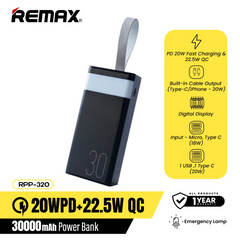 REMAX RPP-320 30000MAH CHINEN SERIES 20W+22.5W FAST CHARGING POWER BANK WITH LED LIGHT-Black