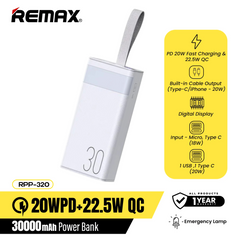 REMAX RPP-320 30000MAH CHINEN SERIES 20W+22.5W FAST CHARGING POWER BANK WITH LED LIGHT-White