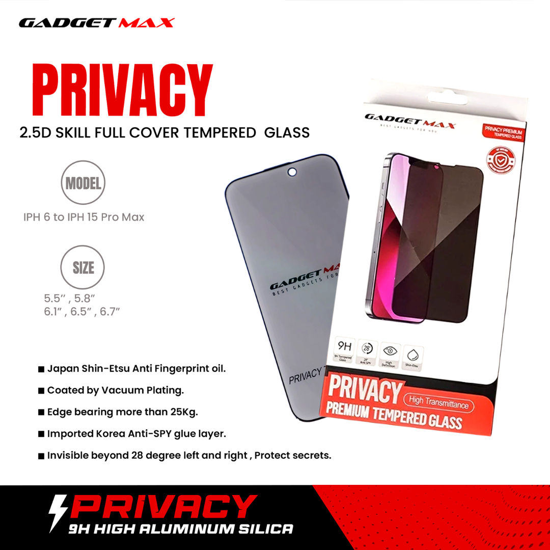 iPhone 15 Pro ( 6.1" ) GADGET MAX - Privacy Premium 2.5D Skill Full Cover Tempered Glass