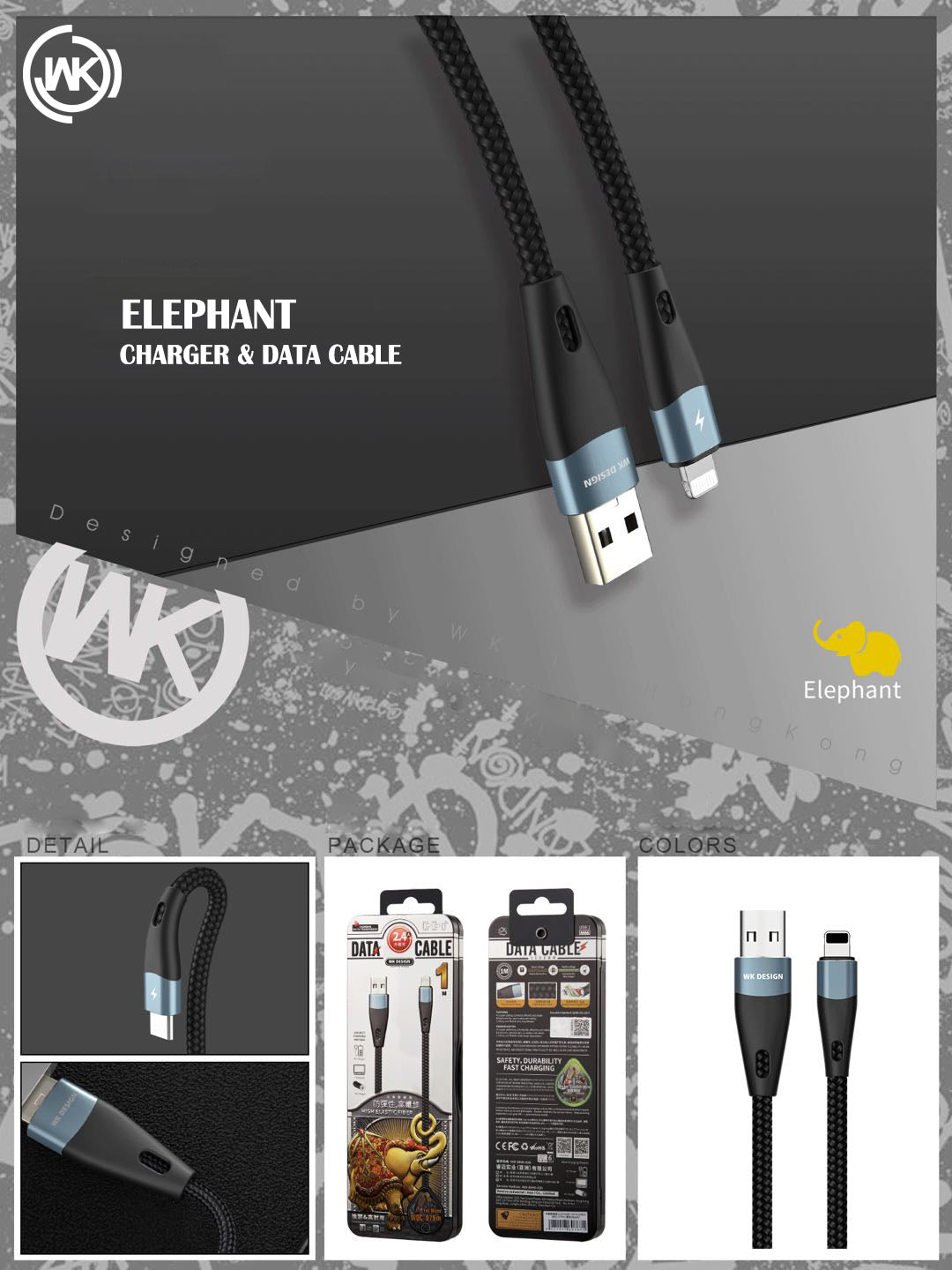 WK ELEPHANT 5A WDC-096A DATA CABLE FOR TYPE.C (1M ) - Black