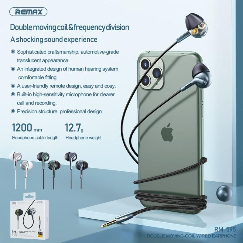 REMAX RM-595 DUAL-MOVING COIL  3.5MM Wired, Earphone Best wired earphone with mic ,Hifi Stereo Sound Wired Headset ,sport wired earphone ,3.5mm jack wired earphone ,3.5mm headset for mobile phone ,wired earphone