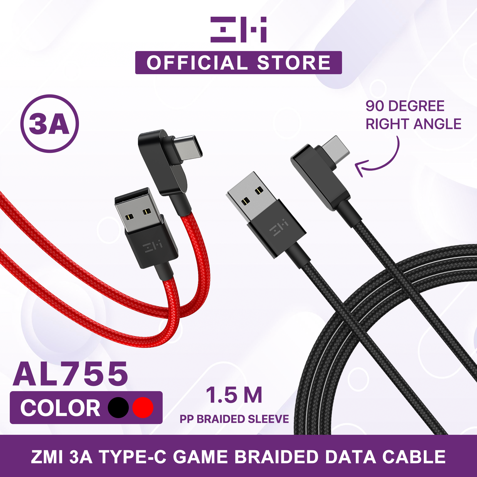 ZMI AL755 USB-A to USB-C CABLE 3A FAST CHARGING TYPE-C BRAIDED CABLE FOR PLAYING GAME 1.5M, Gaming Cable, Type C cable - RED