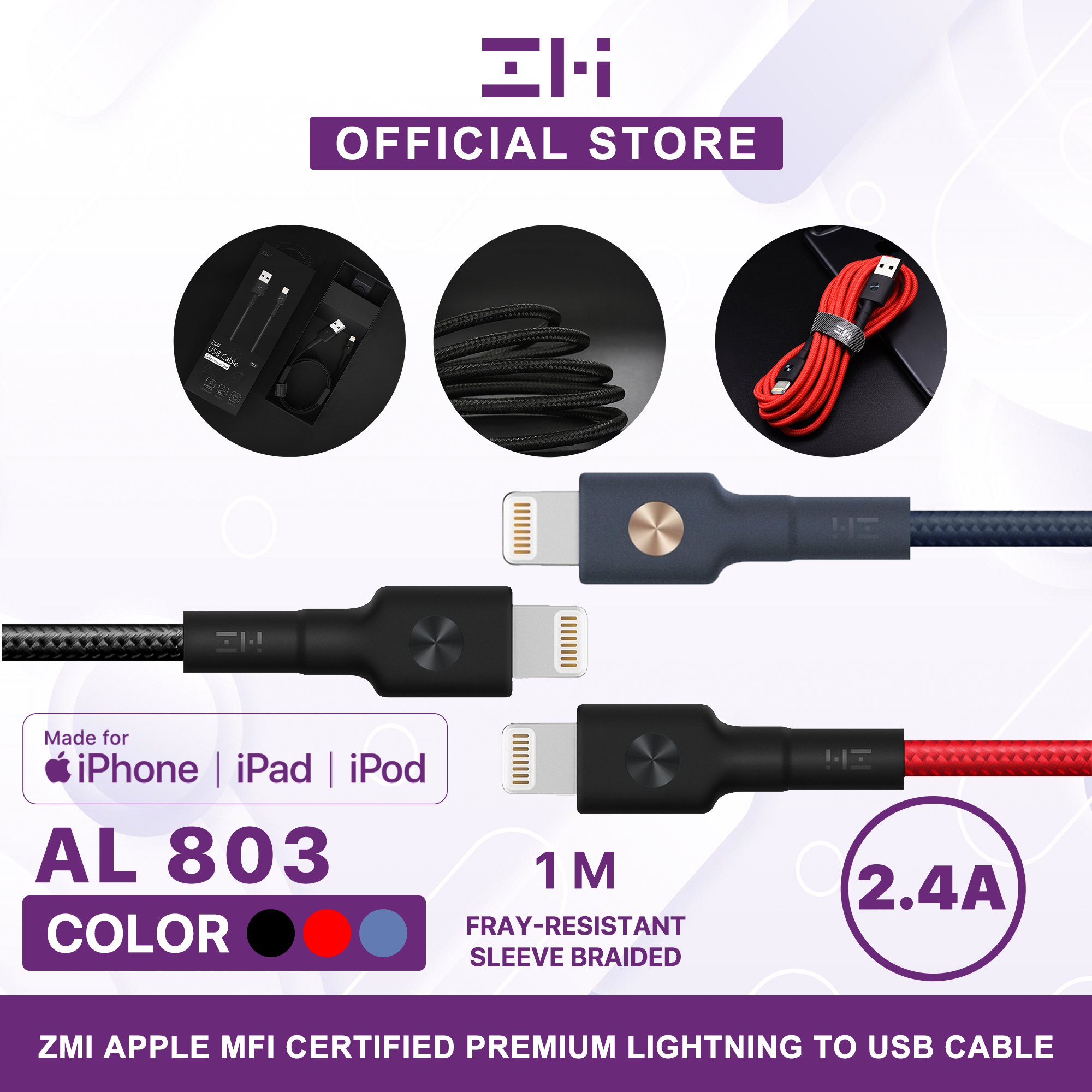 ZMI AL803 MFI USB-A TO LIGHTNING USB CABLE MFI CERTIFIED, PP BRAIDED LIGHTNING 1M, Lighting Cable, MFi Cable, Lighting, iPhone Cable - RED
