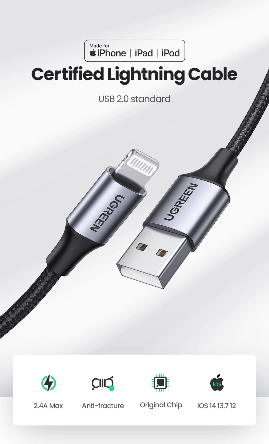 Ugreen USB 2.0 A/M to Lighting Nylon Braid Cable 1M - Silver