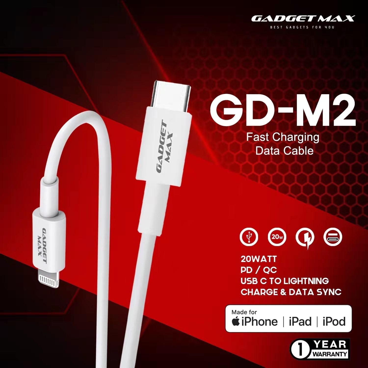 GADGET MAX M2 USB-C TO LIGHTNING MFI FAST CHARGE & DATA SYNC CABLE, PD/QC 20W(3A)(1200mm)