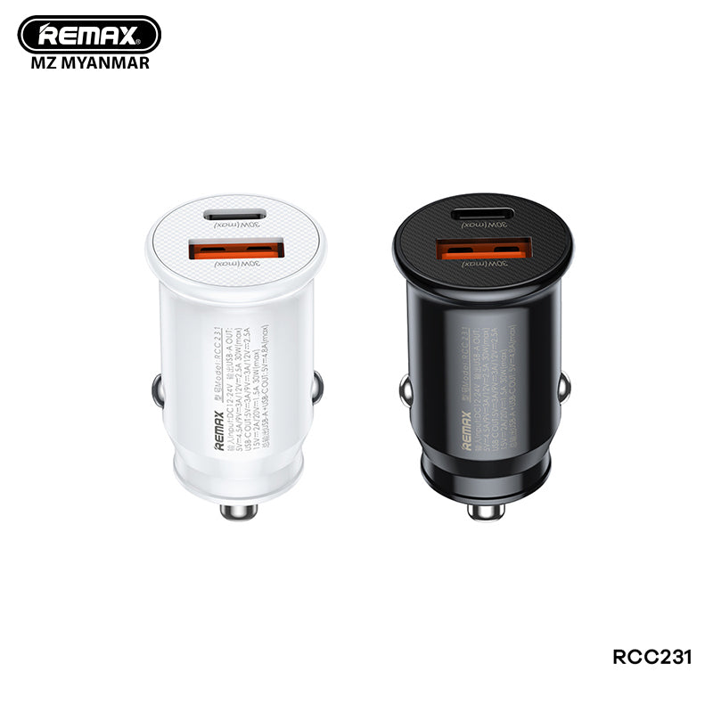 REMAX RCC231 CHANYO SERIES PD+QC 30W MULTI-COMPATIBLE FAST CAR CHARGER (5V-4.8 MAX) (USB-1/PD-1) (QC+PD), PD Car Charger, QC Car Charger, PD+QC Car Charger, 30W Car Charger