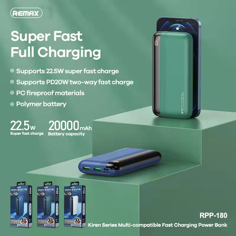 REMAX RPP-180 20000MAH KIREN SERIES 22.5W, PD+QC FAST CHARGING POWER BANK (OUTPUT-2USB/INPUT-MICRO) (TYPE-C IN/OUT), PD+QC FAST CHARGING POWER BANK-White
