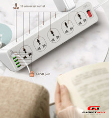 GADGET MAX GM-S10 SC10610 (5USB/1TYPE-C) POWER SOCKET PD+QC 3.0 HIGH PERFORMANCE POWER SHRIP 2500W (10SOCKET/5USB/1TYPE-C) (30W) (2M) (Power Socket)