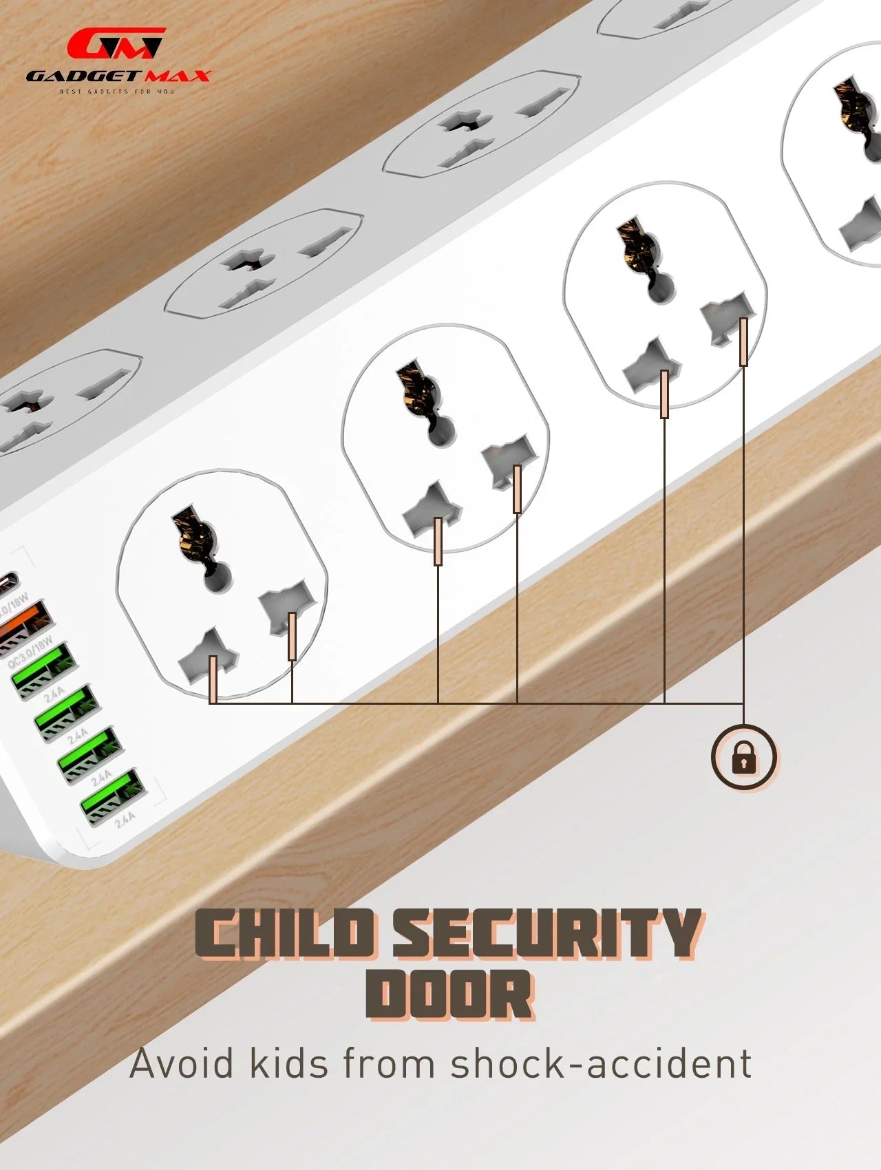 GADGET MAX GM-S10 SC10610 (5USB/1TYPE-C) POWER SOCKET PD+QC 3.0 HIGH PERFORMANCE POWER SHRIP 2500W (10SOCKET/5USB/1TYPE-C) (30W) (2M) (Power Socket)