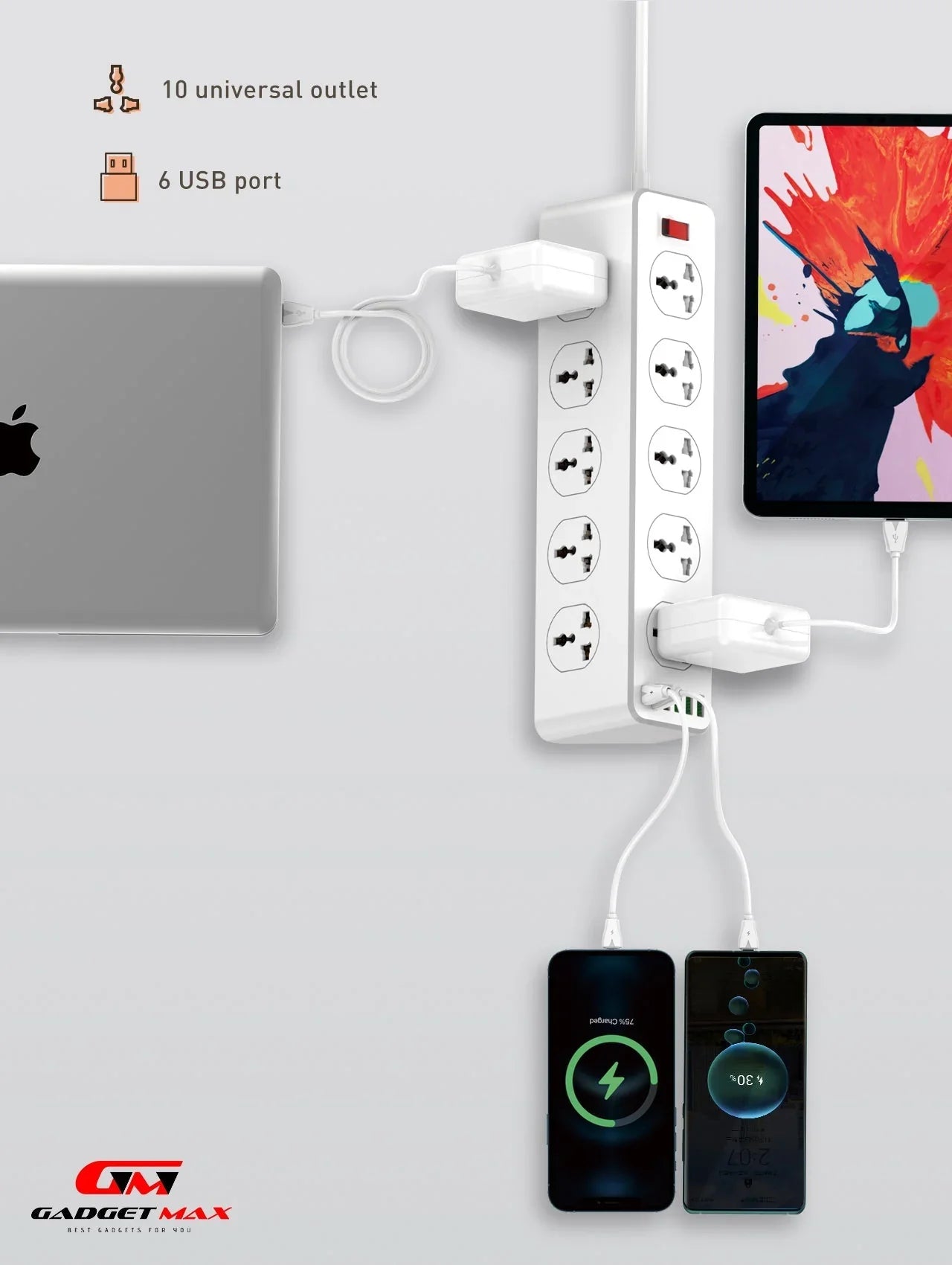 GADGET MAX GM-S10 SC10610 (5USB/1TYPE-C) POWER SOCKET PD+QC 3.0 HIGH PERFORMANCE POWER SHRIP 2500W (10SOCKET/5USB/1TYPE-C) (30W) (2M) (Power Socket)