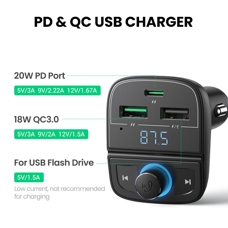 UGREEN CD229 PD+QC BLUETOOTH CAR CHARGER (5.0+PD+QC 3.0+USB FLASH DRIVE +TF), Bluetooth Car Charger, PD+QC Car Charger