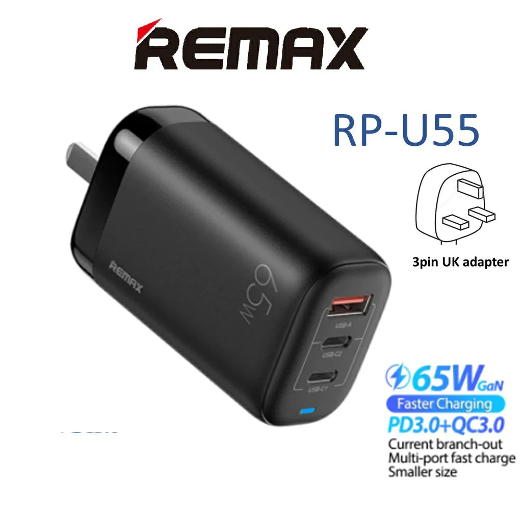 REMAX RP-U55 LIGIL SERIES 65W PD+QC GAN MULTI COMPATIBLE FAST CHARGER ONLY (1USB/2 TYPE-C), GAN Charger, PD+QC Charger