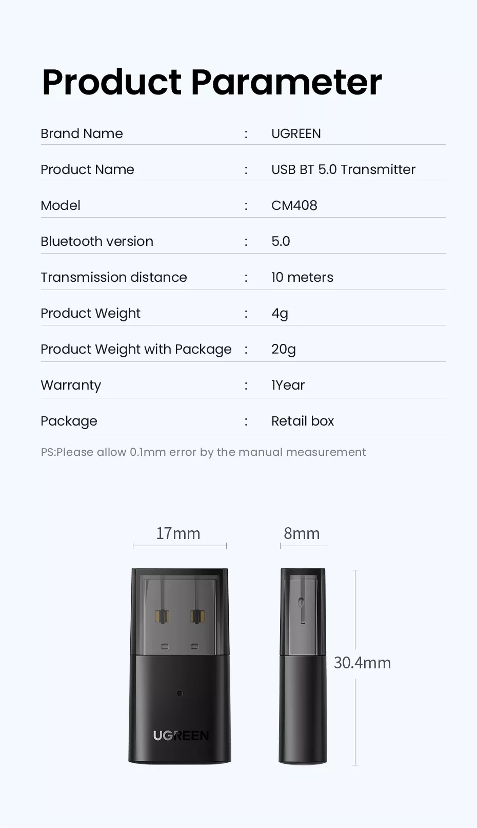 UGREEN CM408 USB 2.0 BLUETOOTH TRANSMITTER 5.0