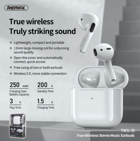 Remax TWS-10/ 10i Bluetooth V5.1 True Wireless Earbuds (Stereo)- White
