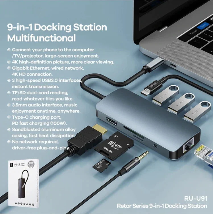 REMAX RU-U91 RETOR SERIES 9 IN 1 DOCKING STATION, RETOR SERIES 9 IN 1 DOCKING STATION (PD100W) (3USB+PD+HDMI+SD CARD+TF CARD+3.5 EARPHONE PLUG+GIGABIT ETHERNET), Type-C Hub