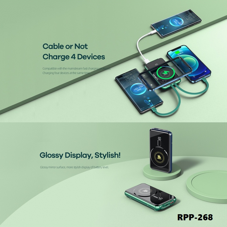 REMAX RPP-268 10000mAh FAYEO SERIES QC 22.5W +PD 20W CABLED MAGNETIC WIRELESS CHARGING POWER BANK (WITH SUCTION CUP)(GREEN)