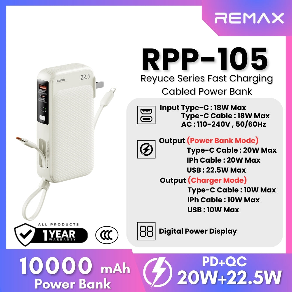 REMAX - RPP-105 Reyuce Series PD+QC Fast Charging Cable Power Bank ( PD20W+QC22.5W ) - White