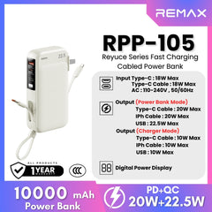 REMAX - RPP-105 Reyuce Series PD+QC Fast Charging Cable Power Bank ( PD20W+QC22.5W ) - White