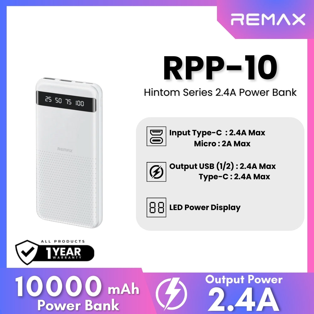 REMAX - RPP-10 Hintom Series 10000mAh Fast Charging Power Bank (2.4A) - White