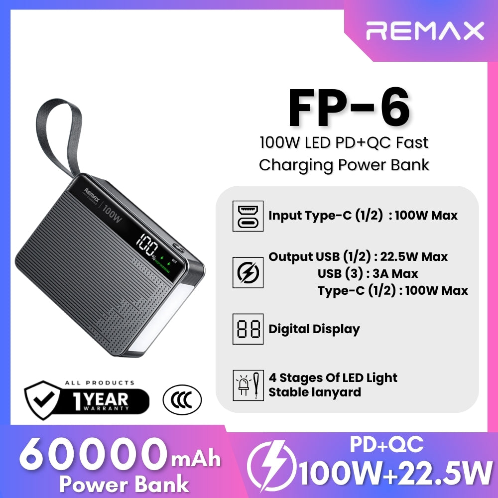 REMAX - FP-6 60000mAh LED PD+QC Fast Charging Power Bank ( 100W+22.5W ) - Blue