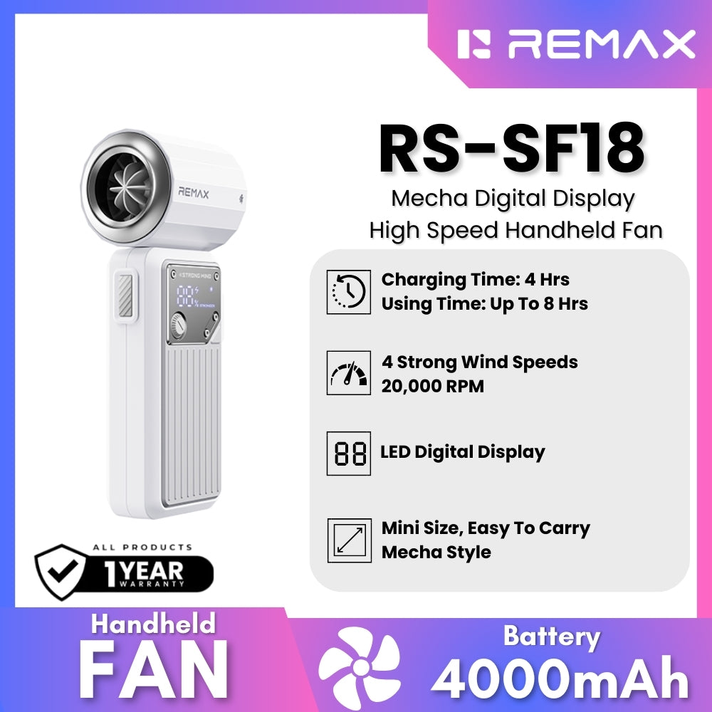 REMAX - RS-SF18 Mecha Digital Display High Speed Handheld Fan ( 4000mAh ) - White