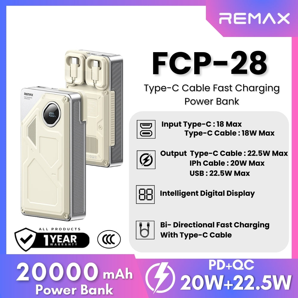 REMAX - FCP-28 20000mAh Fast Charging Cabled Power Bank ( PD20W+QC22.5W ) - Beige