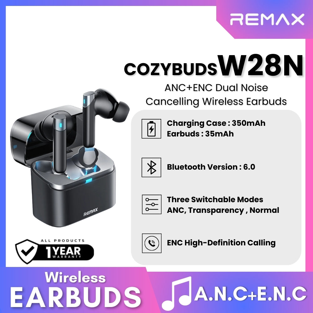 REMAX - Cozybuds W28N ANC+ENC Bluetooth Wireless Earbuds - Black