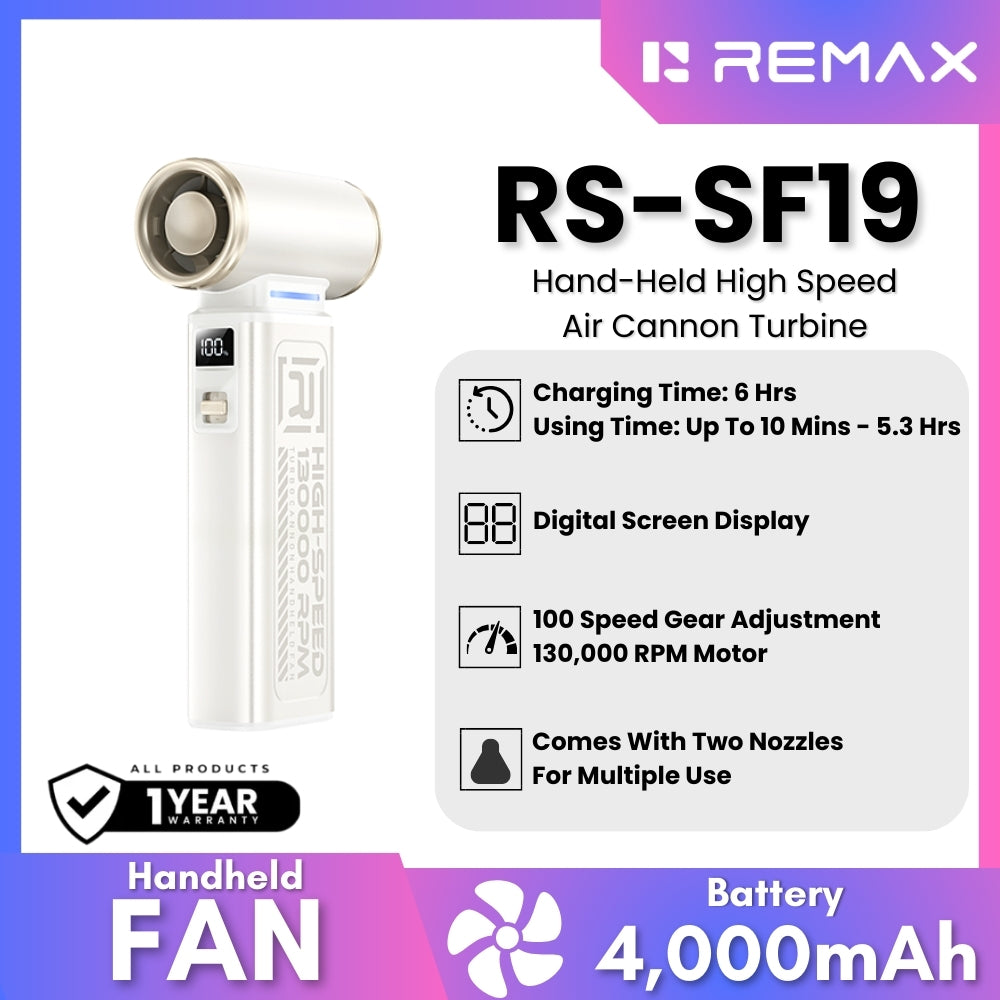 REMAX - RS-SF19 Hand-Held High-Speed 130,000 RPM Turbine Air Cannon Handheld Fan - White
