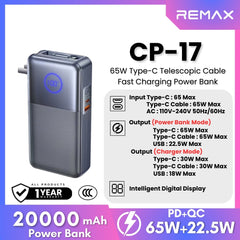REMAX - CP-17 20000mAh Type-C Telescopic Wall Plug Fast Charging Cabled Power Bank ( PD65W ) - Tarnish