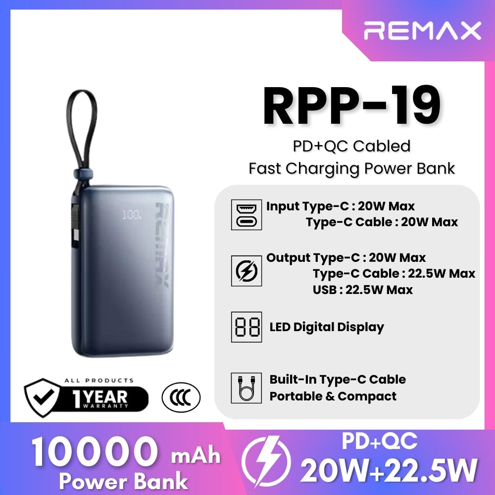 REMAX - RPP-19 10000mAh PD+QC Cabled Power Bank (20W+22.5W) - Blue