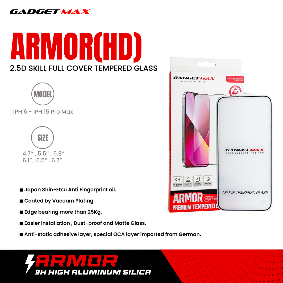 GADGET MAX Armor(HD) iPhone 12 PRO Max 6.7" 2.5D Anti-Static Tempered Glass