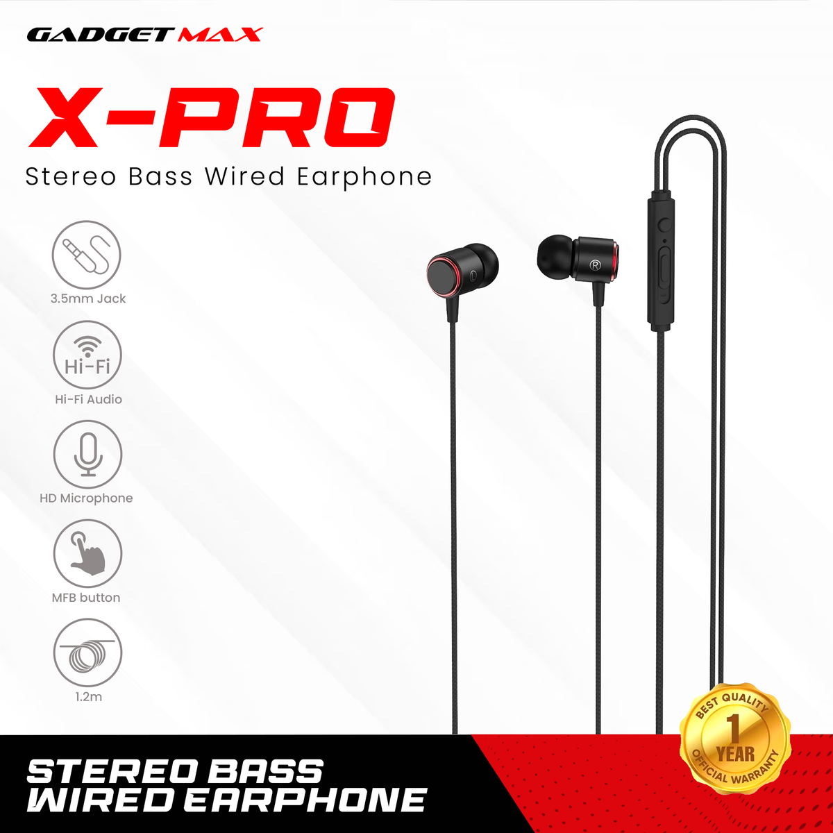 GADGET MAX X-PRO STEREO BASS  3.5MM EARPHONE WIRED CONTROL EARPHONE (3.5MM) - BLACK