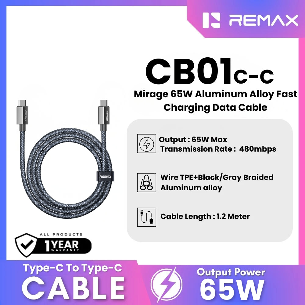 REMAX - CB01 C-C Mirage 65W Type-C To Type-C Fast Charging Data Cable - Black