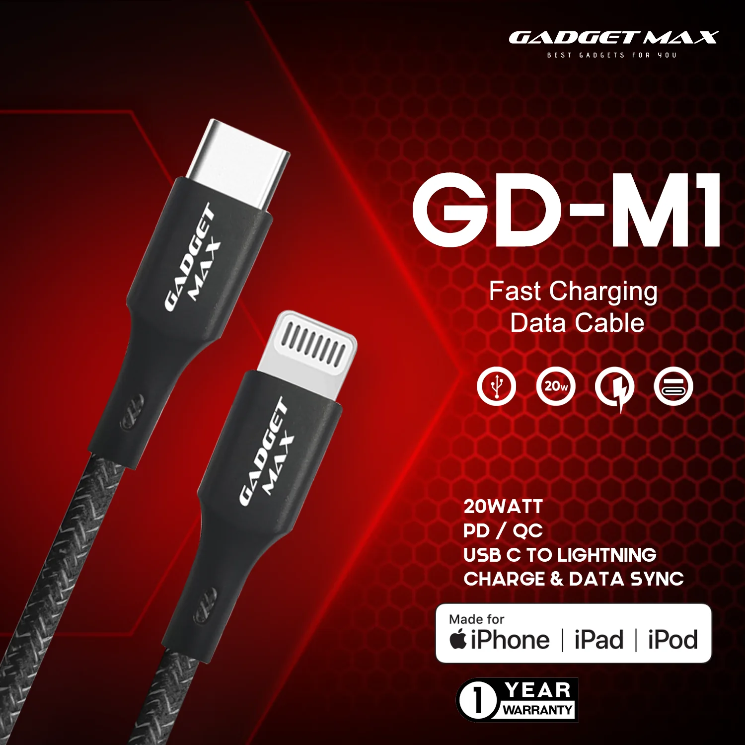 GADGET MAX USB-C TO LIGHTNING MFI FAST CHARGE & DATA SYNC CABLE GD-M1 PD/QC 20W(3A)(1200mm)